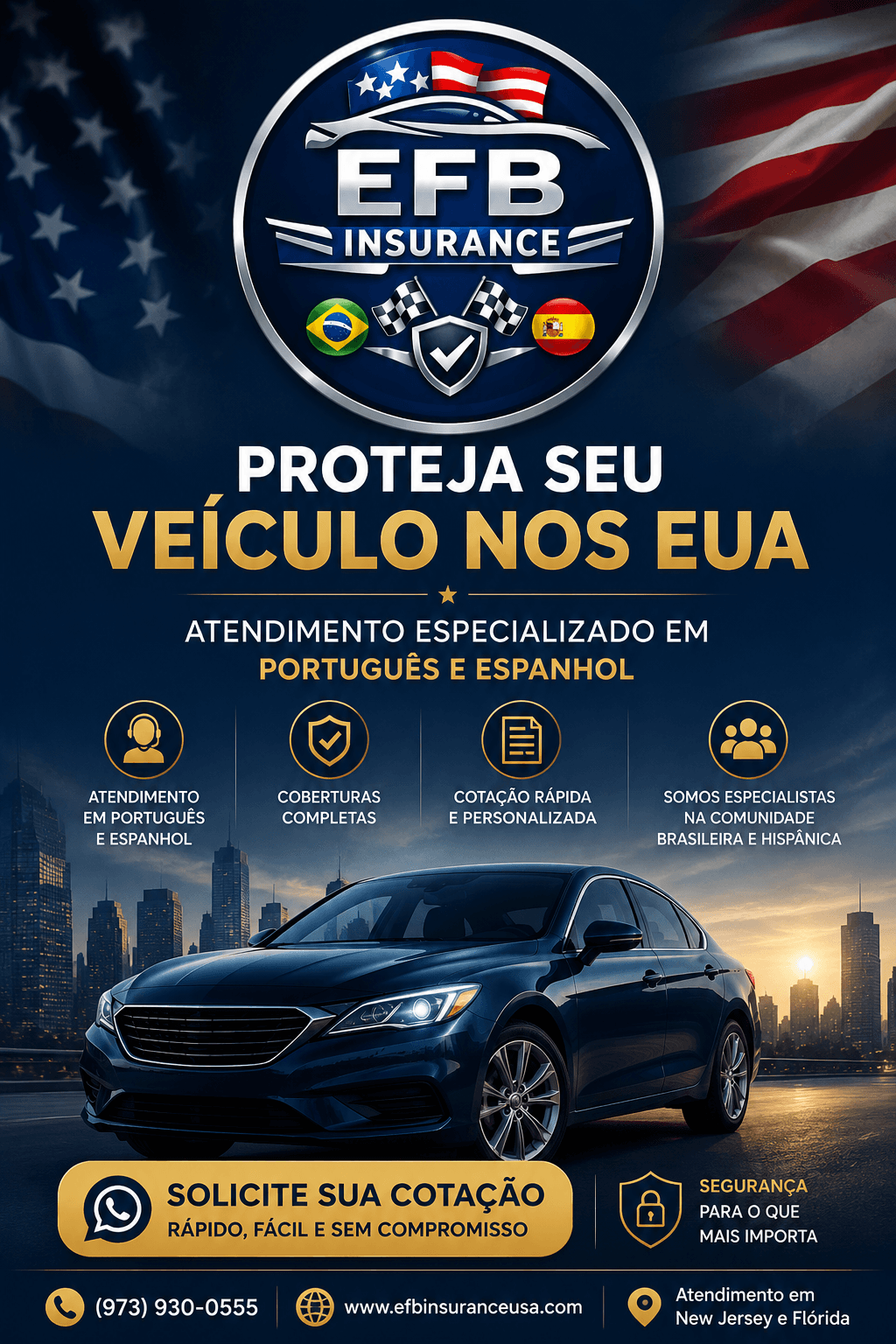 EFB Insurance advertisement for vehicle protection in the USA, serving Portuguese and Spanish speakers.